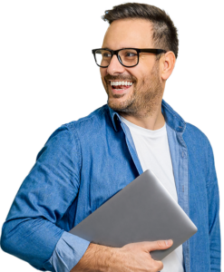 A smiling wholesale voip provider carrying a laptop computer.