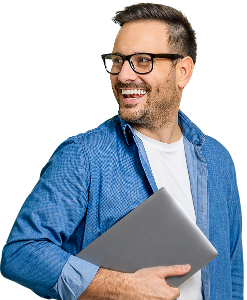 A smiling wholesale voip provider carrying a laptop computer.