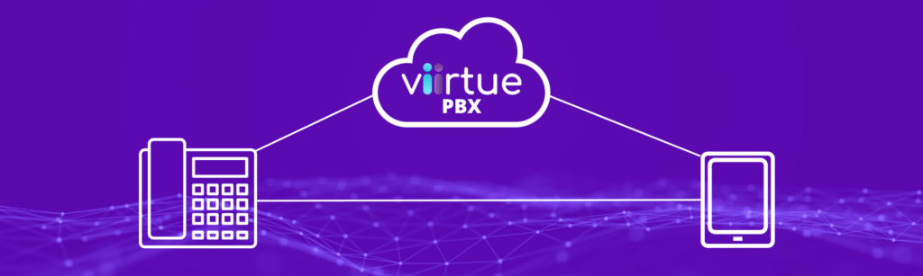 Viirtue hosted pbx system diagram to a phone and a tablet completing a triangle.