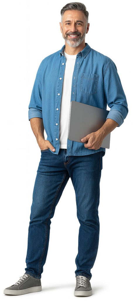 Middle aged man standing, holding a laptop smiling.