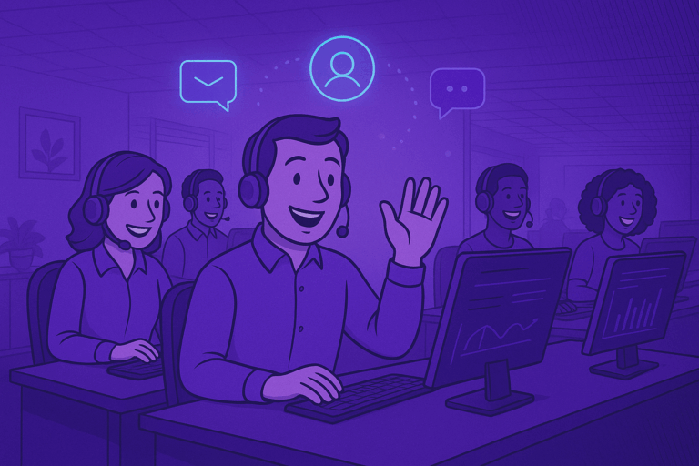 A Group of Happy contact center workers working with omnichannel solutions.