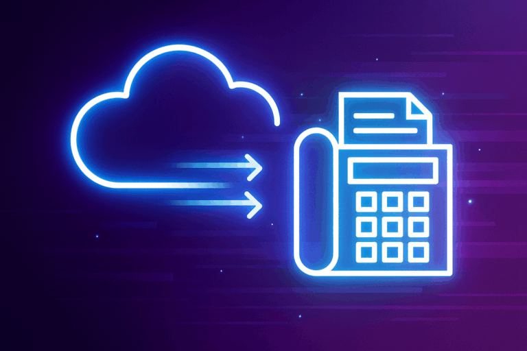 A stylized neon cloud online fax service sending a fax through the air.