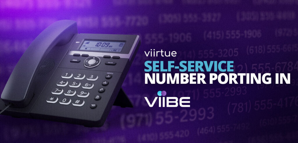 Self service number porting title card for Viirtue with a black Yealink phone.