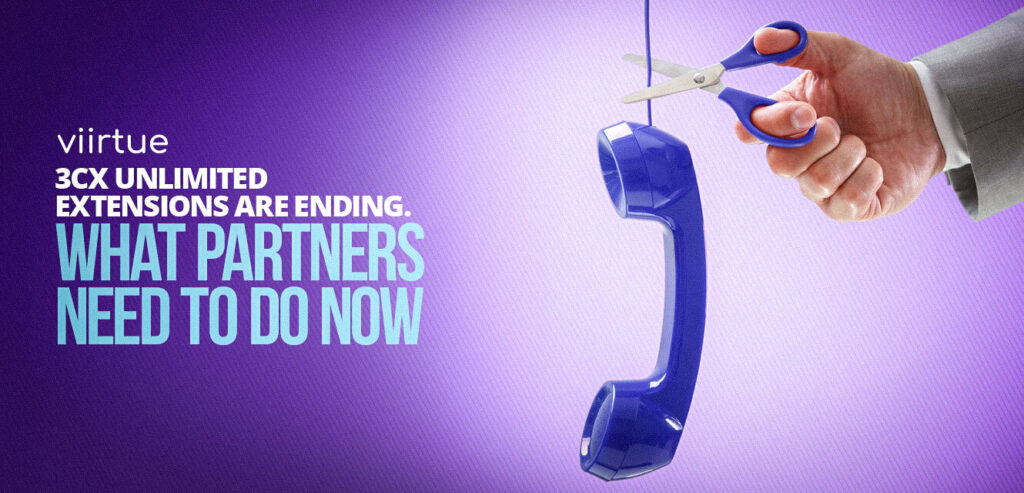 3CX Extension cap title page with an image of scissors cutting a purple telephone line.