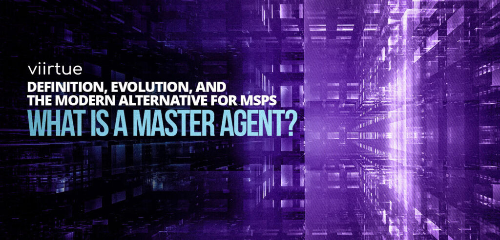 What is a master agent stylized title card in Viirtue brand colors.