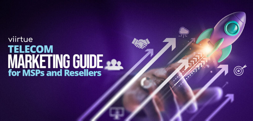 Telecom marketing guide title card with a rocket and Viirtue branding